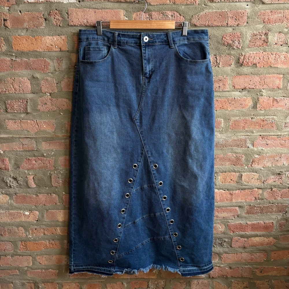 Ashley Stewart Denim maxi Skirt grommet detail size 14